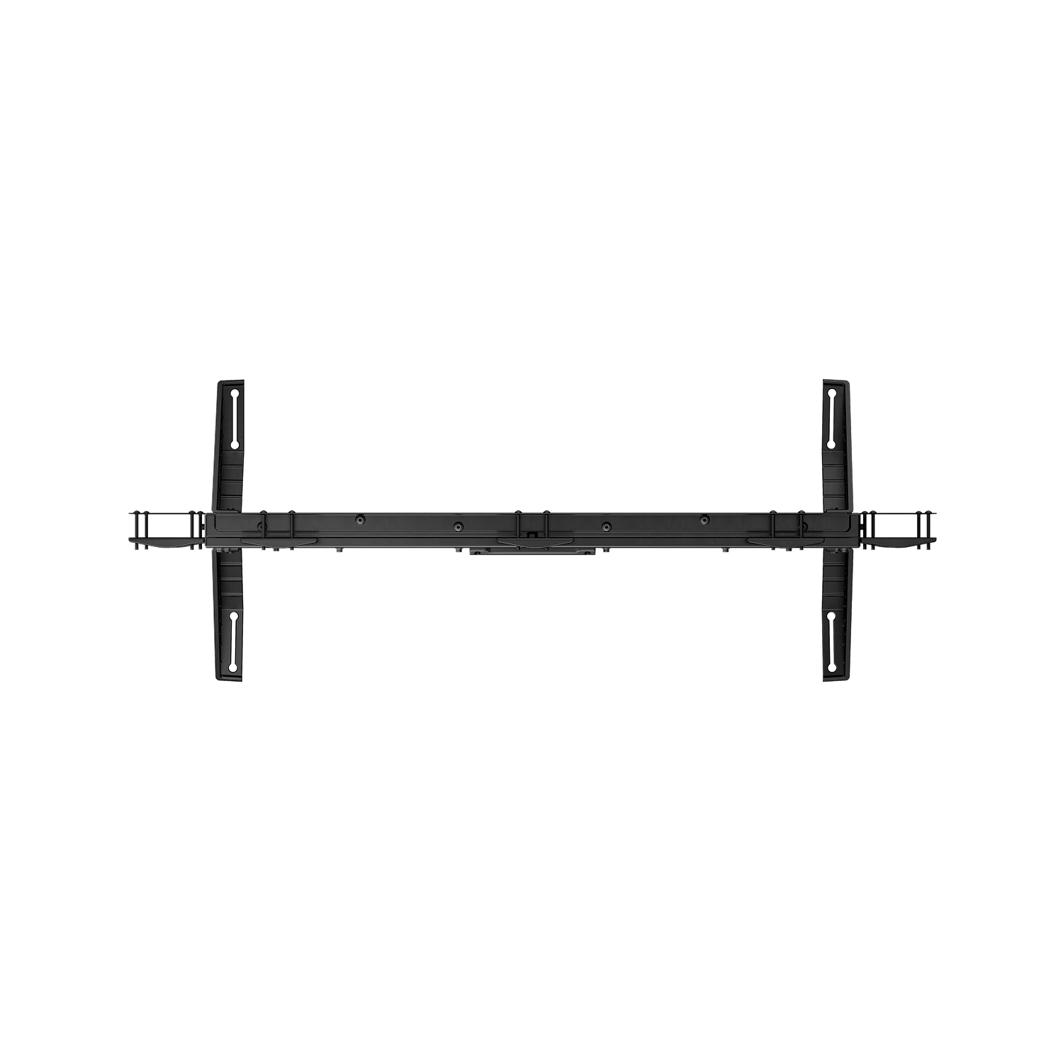A horizontal black metal wall mount bracket for television screens.